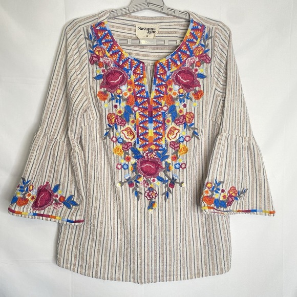 Savanna Jane Tops - Savanna Jane Embroidered Floral Stripe‎ Popover Top 3/4 Bell Sleeve Beige Sz M